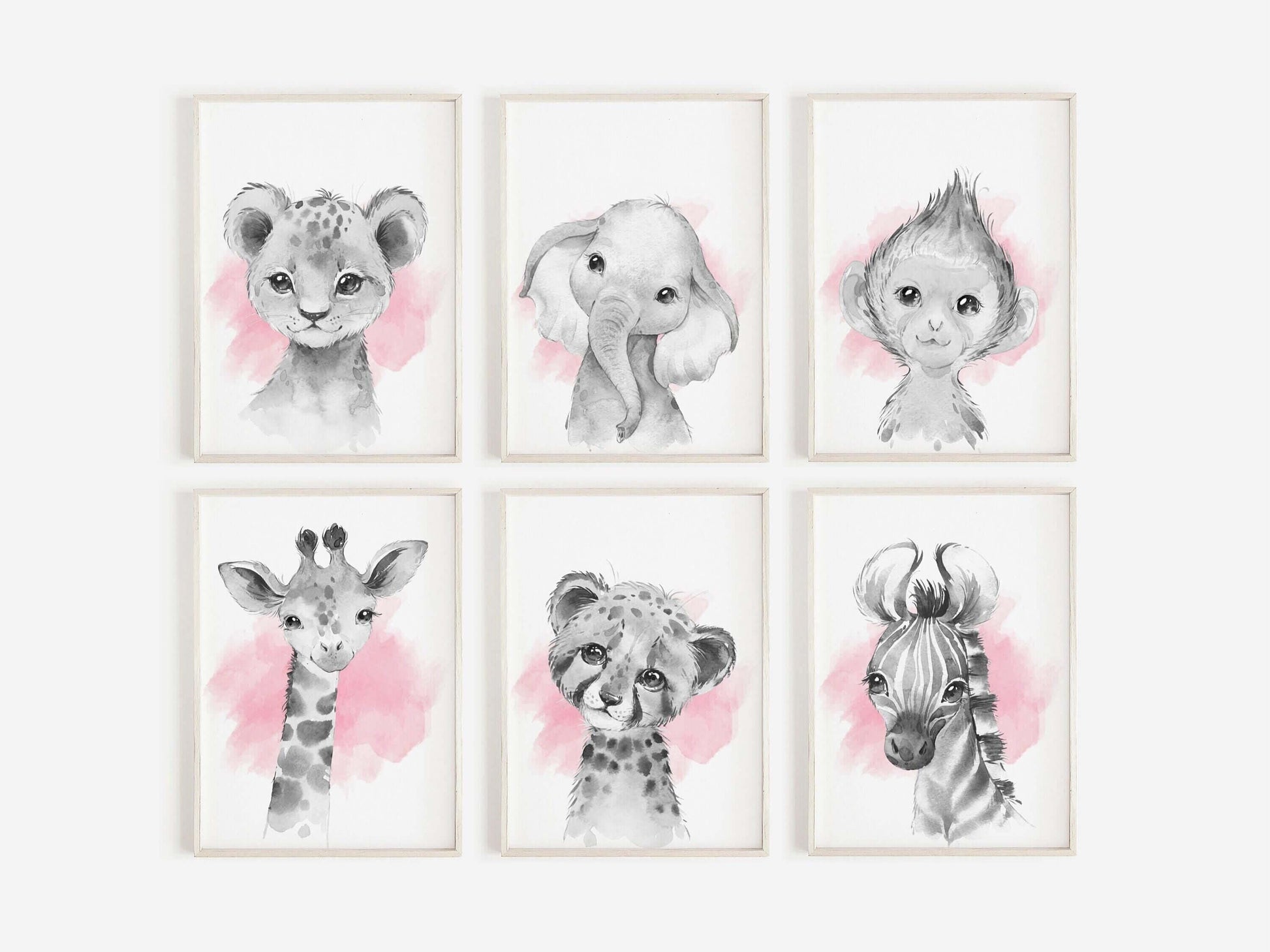 Safari Animal Prints Girls Nursery Set,Black & White With Pink Watercolour Splash,Safari Nursery Decor,Animal Nursery Prints,Nursery Art