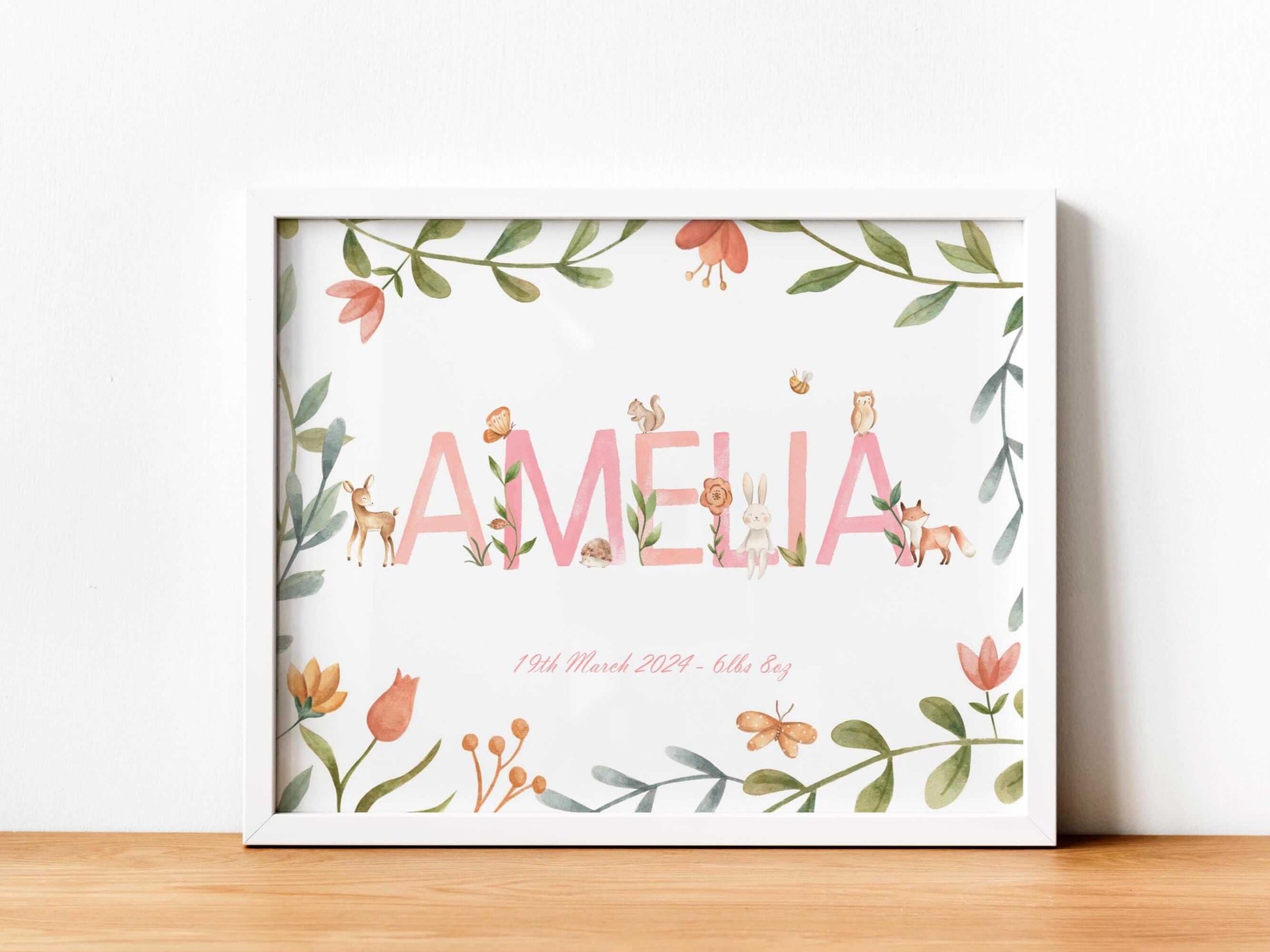 Personalised Nursery Print, Baby Name Animal Wall Art, Nursery Decor, Baby Shower Gift, Nursery Wall Art, Framed Gift, Animals Wall Art