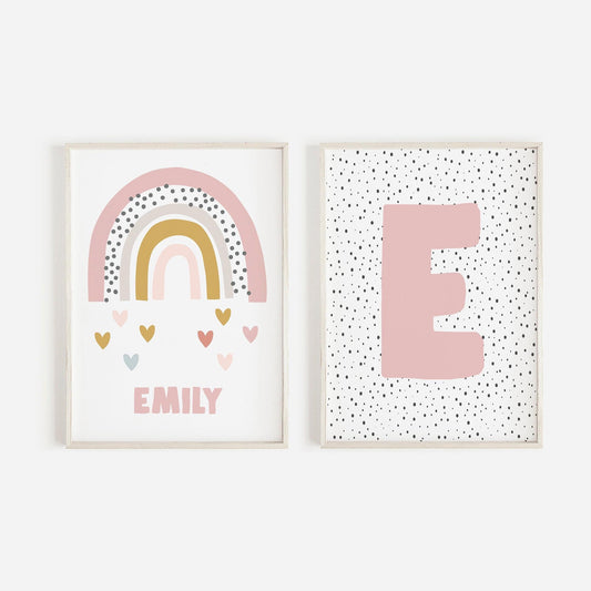 Personalised Initial Rainbow Print Set Of 2, Nursery Wall Art, Nursery Decor, Baby Shower Gift, Scandi Prints, Nursery Prints, Pastel Prints