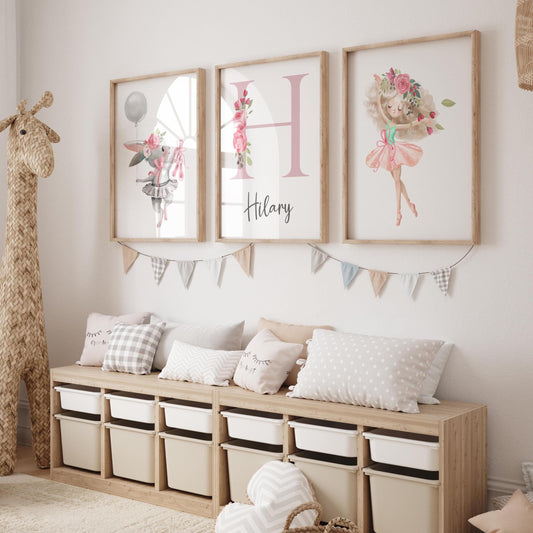 Ballerina Personalised Initial Print, Nursery Wall Art, Set Of 3 Prints, Girls Nursery Prints, Baby Girl Room Decor, Baby Girl Gift,