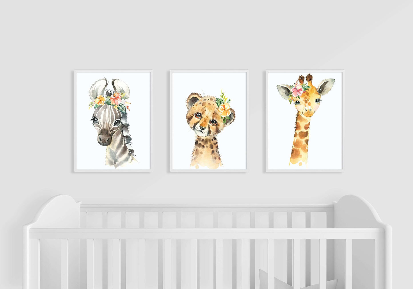 Safari Animals Baby Girls Nursery Set, Safari Nursery Decor, Animal Nursery Prints, Nursery wall art, Set of Nursery Prints, Pink Flowers