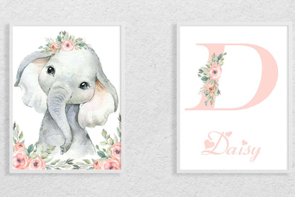 Girls Personalised Elephant Baby Set Of 2 A4 Prints, With Initial, Safari Animals, Flowers, Nursery Gift, Nursery Wall Art, Animal Prints