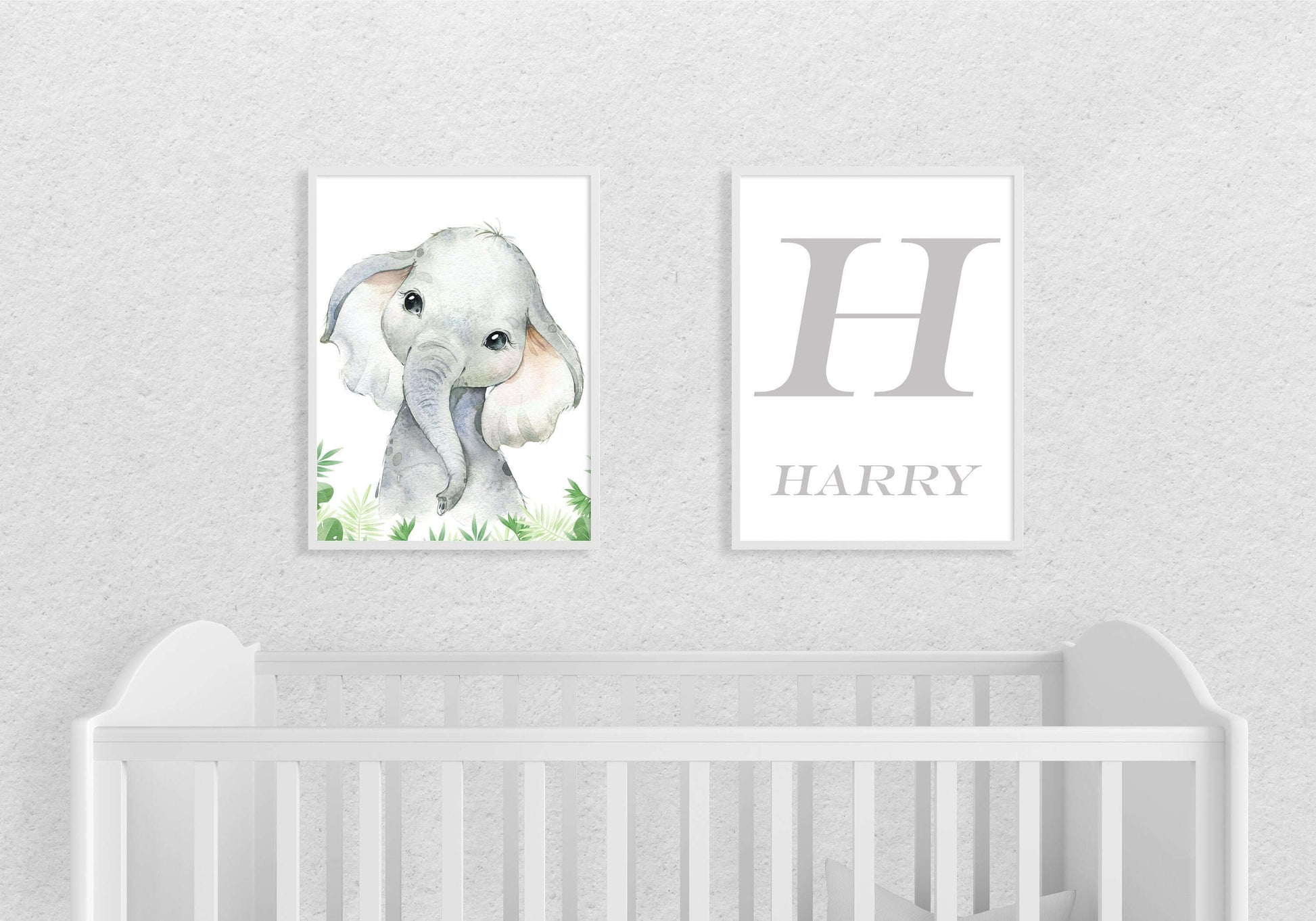 Boys Personalised Elephant Baby Set Of 2 A4 Prints, With Initial, Safari Animals, Foliage, Nursery Gift, Nursery Wall Art, Animal Prints