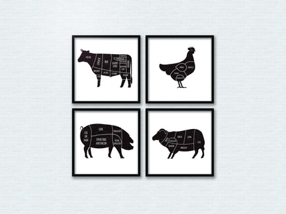 Butcher Prints, Set Of 4 Butchers Prints, Meat Cuts, Kitchen Art, Kitchen Prints, Butcher Poster Set