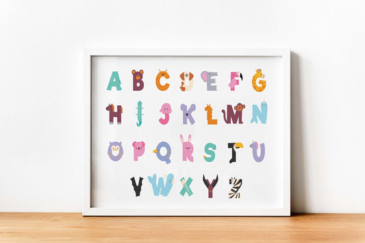 Colourful Alphabet Print, Kids Educational Wall Art Print, Bedroom Decor, Nursery Decor, Playroom Decor, ABC Print, Animal Alphabet Print
