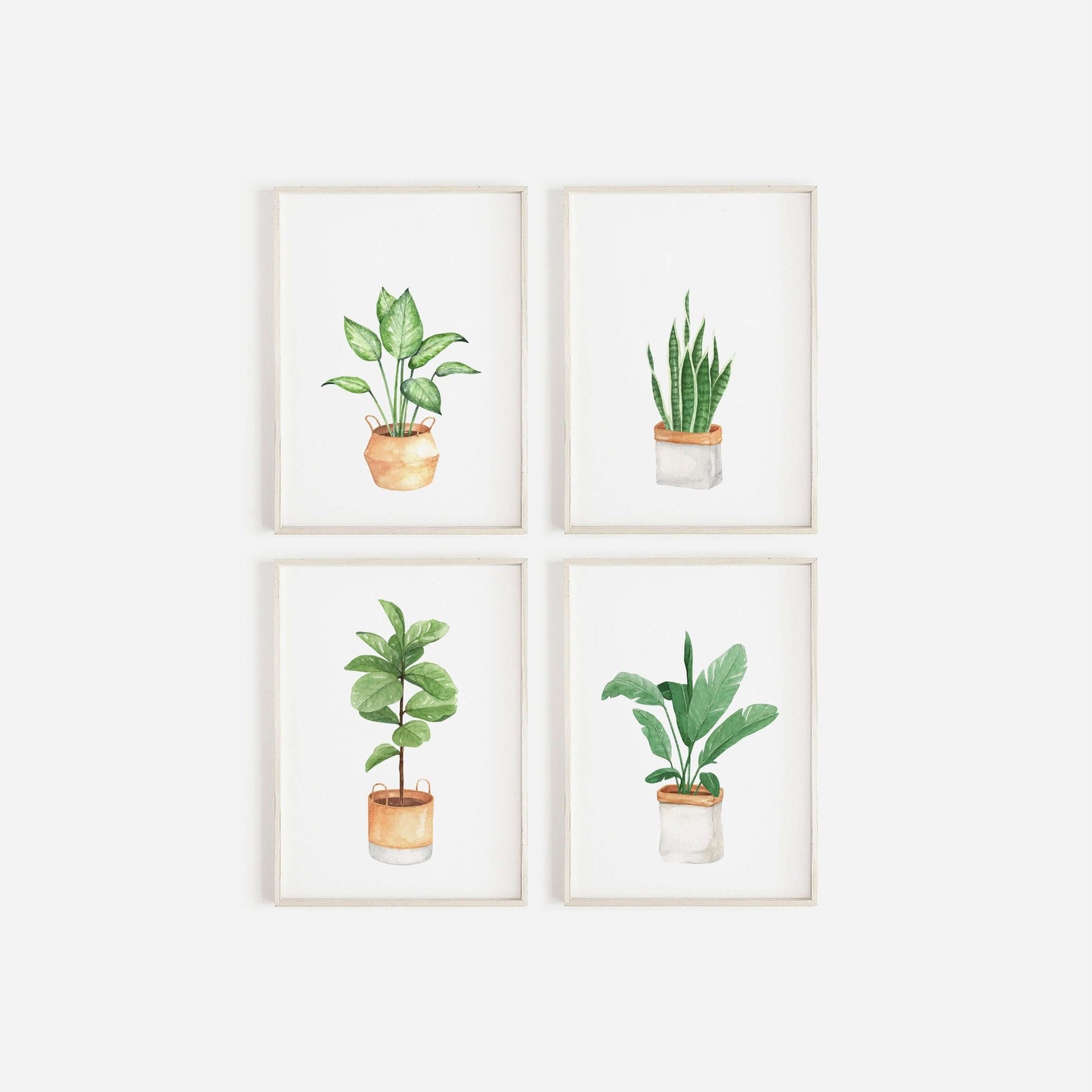 Set Of 4 Botanical Potted Prints, Wall Art, Home Decor, Bathroom Decor, Botanical Illustration, Leaf Prints, Bathroom Prints, Home Prints