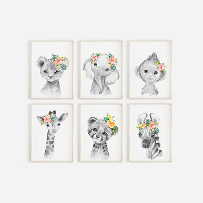 Safari Animal Prints Girls Nursery Set, Black & White With Colour Flowers, Safari Nursery Decor, Animal Nursery Prints, Nursery Wall Art