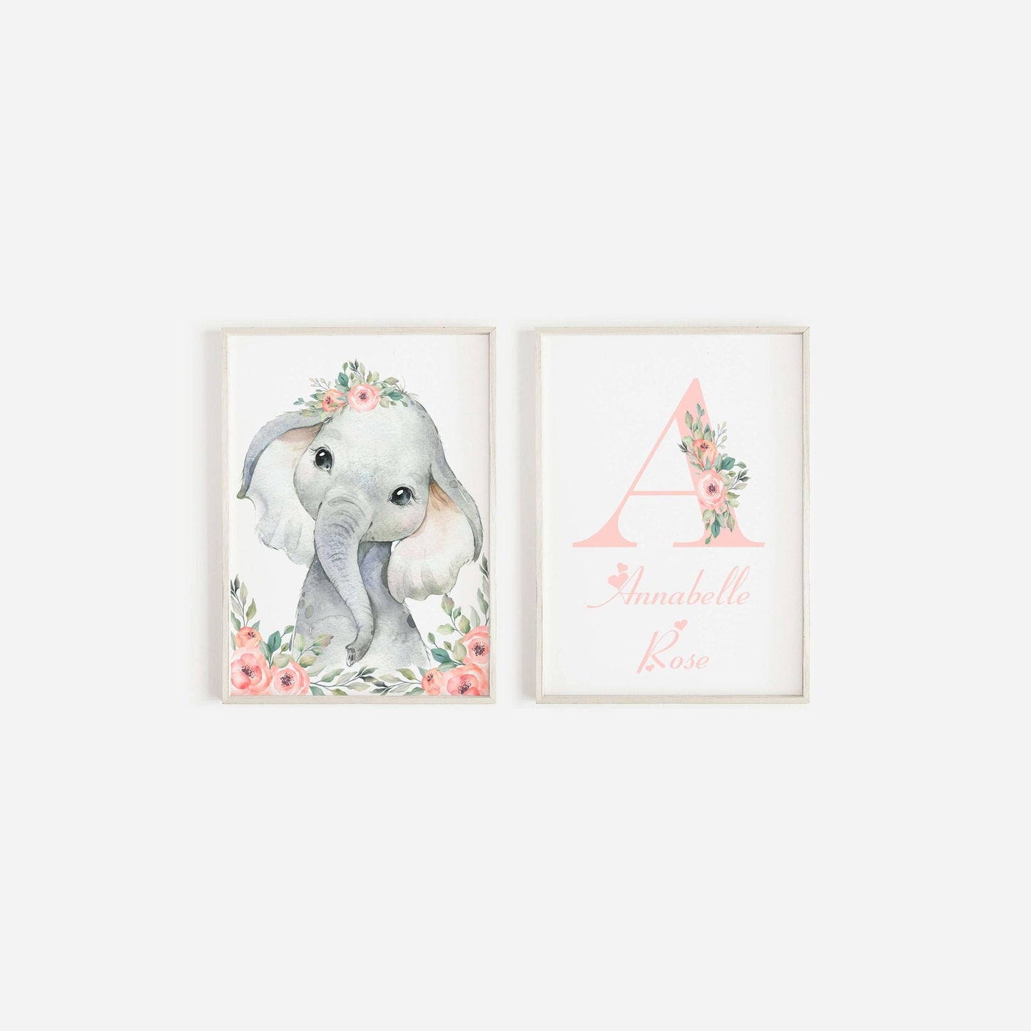 Girls Personalised Elephant Baby Set Of 2 A4 Prints, With Initial, Safari Animals, Flowers, Nursery Gift, Nursery Wall Art, Animal Prints