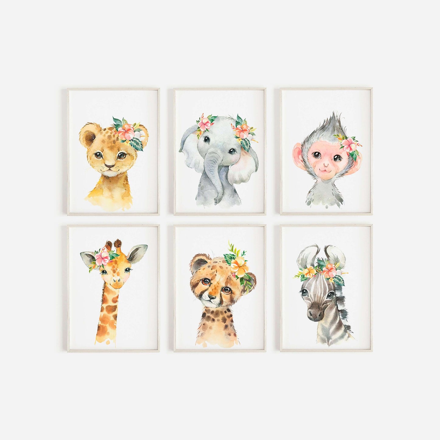 Safari Animals Baby Girls Nursery Set, Safari Nursery Decor, Animal Nursery Prints, Nursery wall art, Set of Nursery Prints, Pink Flowers