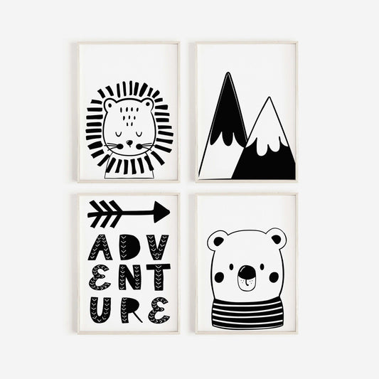 Adventure Scandi Style Prints, Set Of 4, Nursery Decor, Nursery Prints, Boho Wall Art, Black & White Prints, Nursery Prints, Scandi