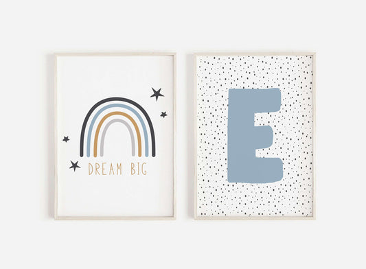 Dream Big Personalised Initial Print Set Of 2, Boys Nursery Wall Art, Nursery Decor, Baby Shower Gift, Boys Bedroom Prints, Nursery Prints