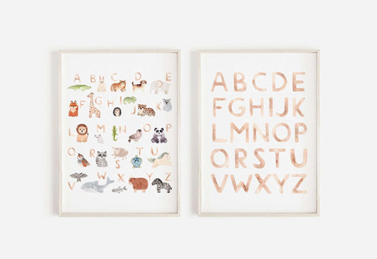 Set of 2 Animal Alphabet Prints, Nursery Decor, Watercolour Prints, Educational Prints, Playroom Decor, Kids Alphabet Prints, Nursery Prints