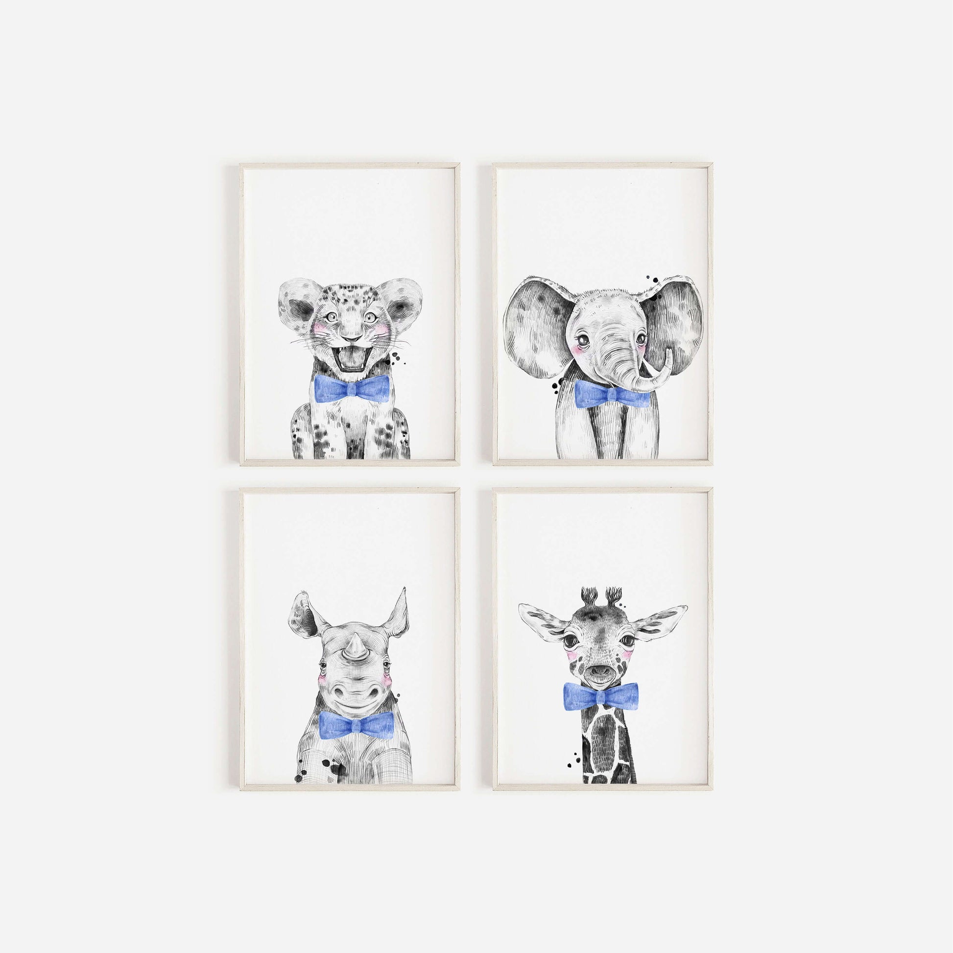 Safari Animal Prints Boys Nursery, Black & White with blue bowtie, Safari Nursery Decor, Animal Nursery Prints, Nursery Wall Art