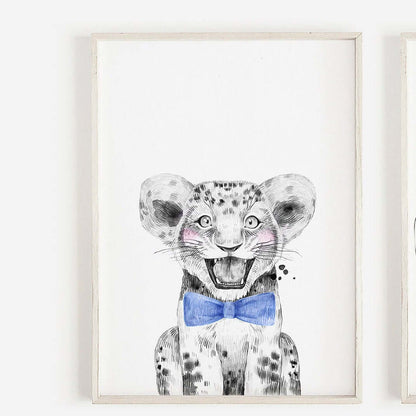 Safari Animal Prints Boys Nursery, Black & White with blue bowtie, Safari Nursery Decor, Animal Nursery Prints, Nursery Wall Art