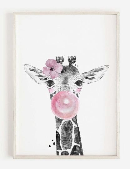 Safari Animal Prints Girls Nursery Set, Black & White With Colour Flowers, Pink Bubblegum, Safari Nursery Decor, Animal Nursery Prints,