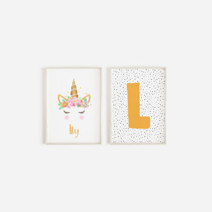 Personalised Initial Unicorn Print Set Of 2, Nursery Wall Art, Scandi, Nursery Decor, Baby Shower Gift, Scandi Prints, Nursery Prints