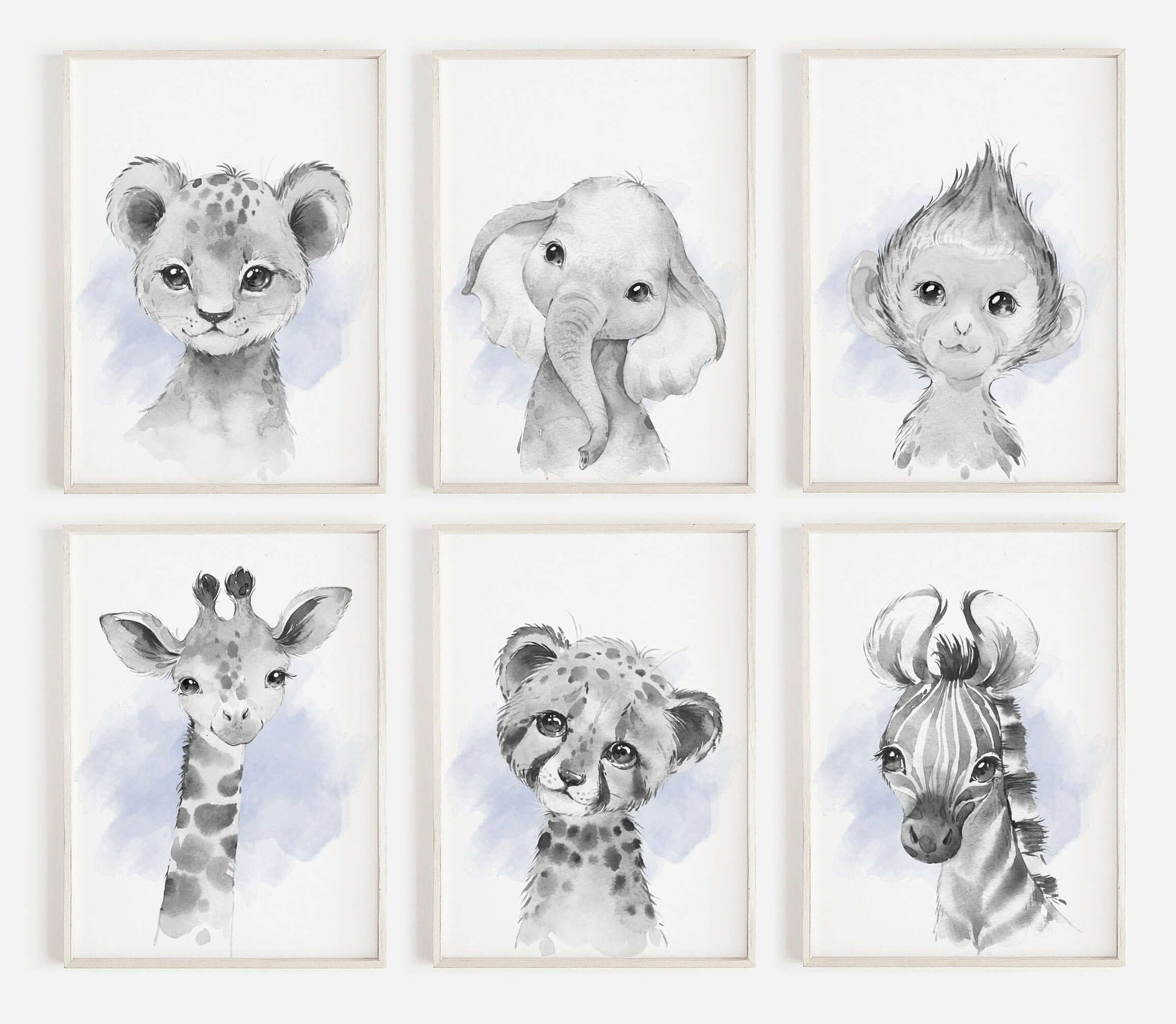 Safari Animal Prints Boys Nursery Set,Black & White With Blue Watercolour Splash,Safari Nursery Decor,Animal Nursery Prints,Nursery Wall Art