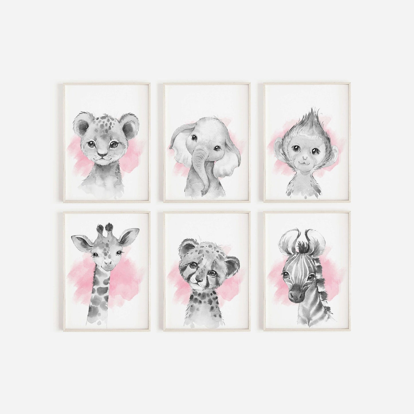 Safari Animal Prints Girls Nursery Set,Black & White With Pink Watercolour Splash,Safari Nursery Decor,Animal Nursery Prints,Nursery Art
