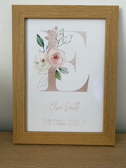 Girls Personalised Floral Initial Print in oak frame