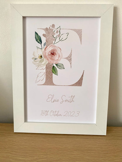 Girls Personalised Floral Initial Print in white frame
